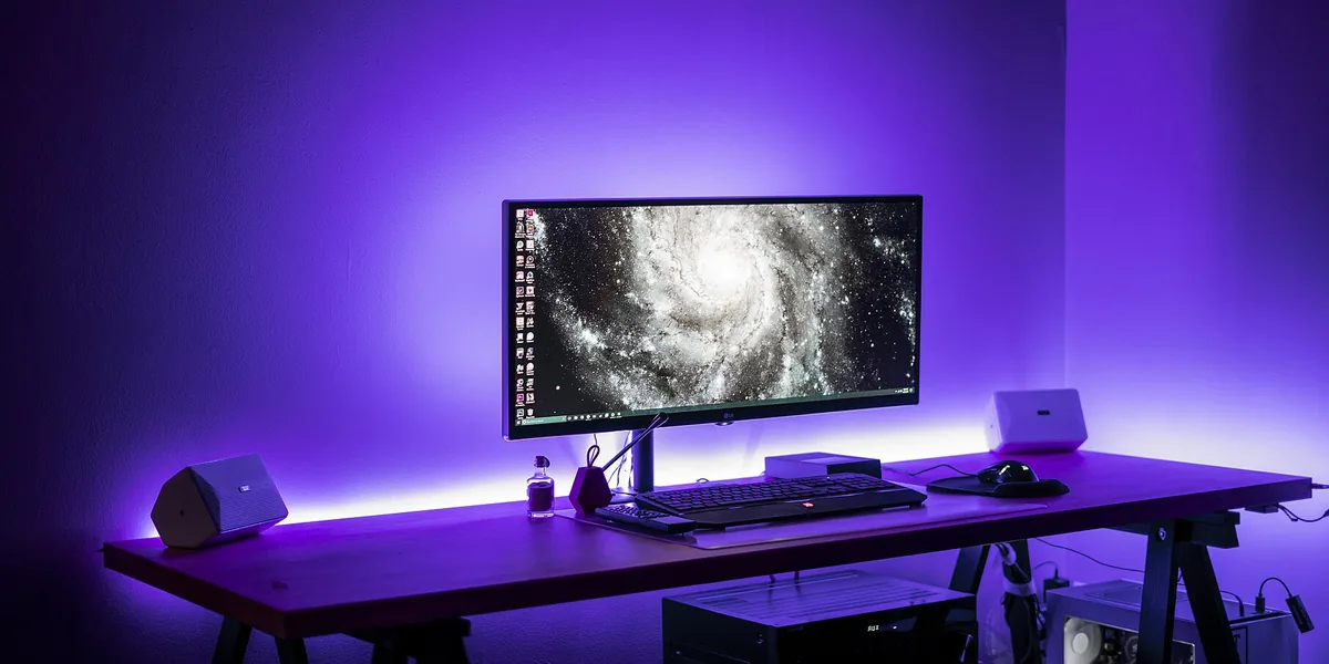 Breiter Monitor auf einem langen Holztisch mit Tastatur